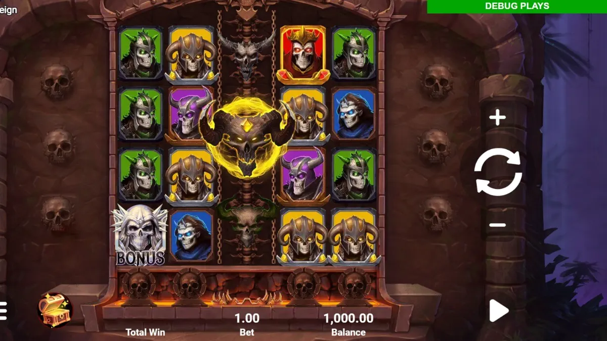 Interface sombria e infernal do jogo Hellreign Scatter Magnet com símbolos de demônios e almas