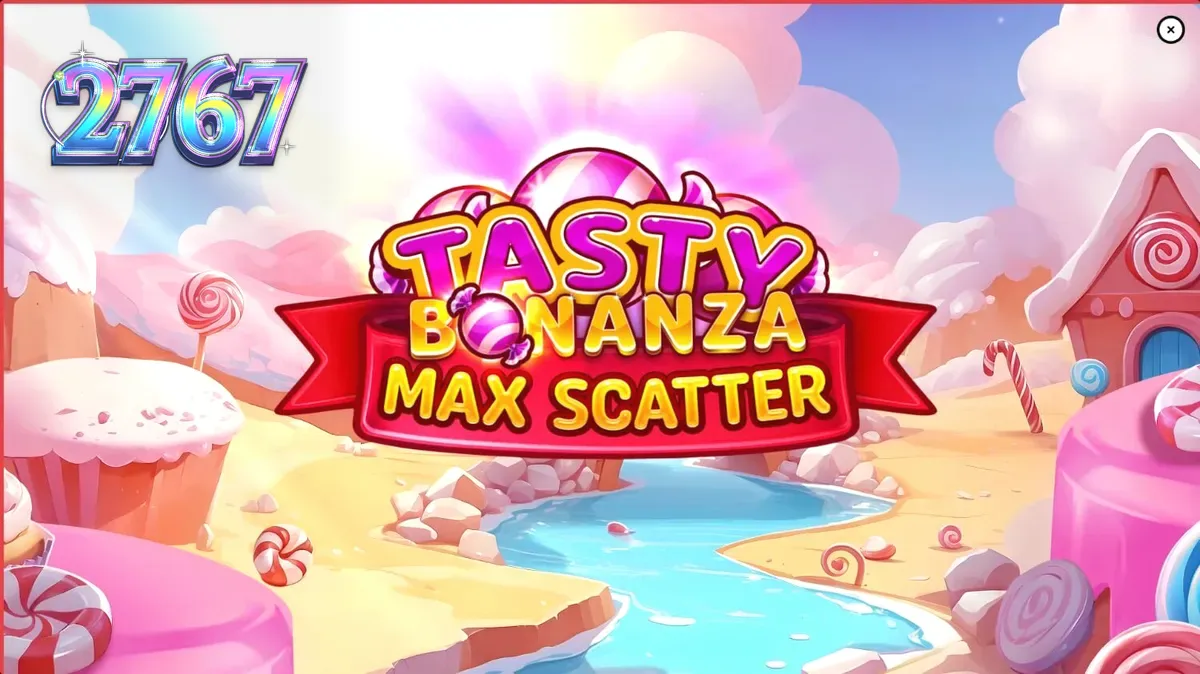 Interface vibrante e colorida do slot Tasty Bonanza Max Scatter com doces e efeitos de cascata